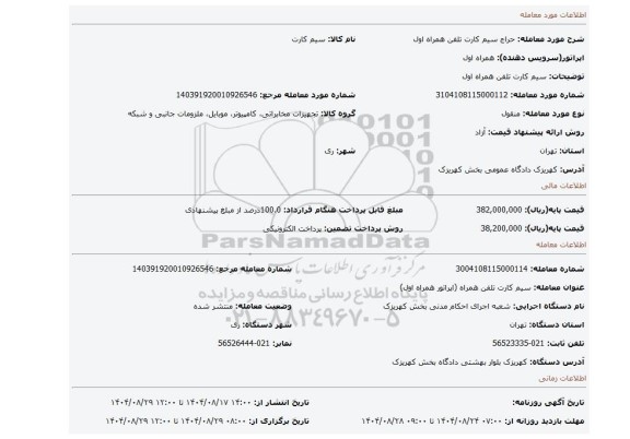 مزایده، سیم کارت تلفن همراه اول