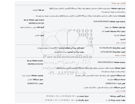 مزایده، مزایده مالکیت مشاعی محکوم علیه درپلاک ثبتی21100فرعی از1اصلی بخش12واقع دربابلسرنخست وزیری برج مهستان