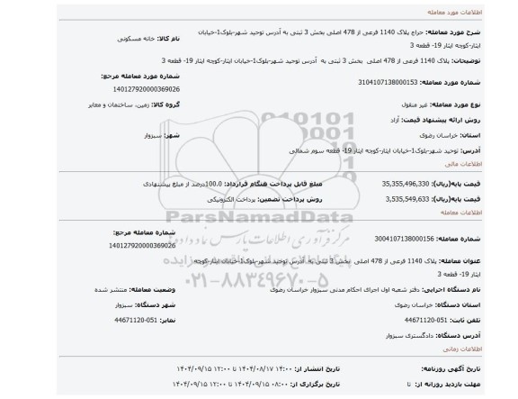 مزایده،  پلاک 1140 فرعی از 478 اصلی  بخش 3 ثبتی  به  آدرس توحید شهر-بلوک1-خیابان ایثار-کوچه ایثار 19- قطعه 3