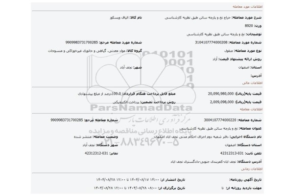مزایده، نخ و پارچه ساتن طبق نظریه کارشناسی