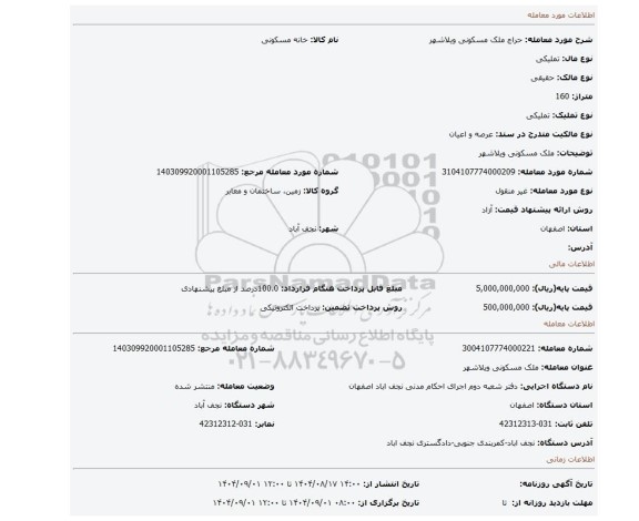 مزایده، ملک مسکونی ویلاشهر
