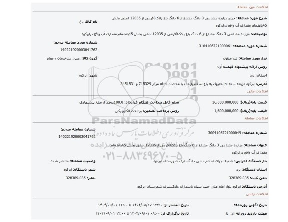 مزایده، مزایده مشاعی 3 دانگ مشاع از 6 دانگ باغ پلاک0فرعی از 12035 اصلی بخش 45بانضمام مقداری آب واقع درابرکوه