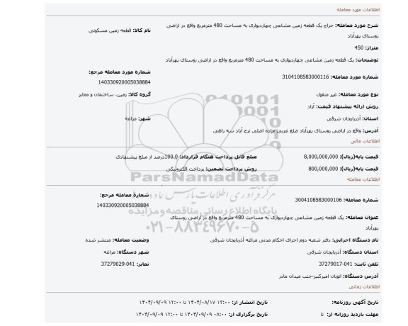 مزایده، یک قطعه زمین مشاعی چهاردیواری به مساحت 480 مترمربع واقع در اراضی روستای پهرآباد