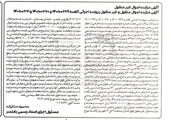 مزایده ششدانگ پلاک ثبتی هفت هزار و چهارصد و بیست و نه فرعی از چهار اصلی