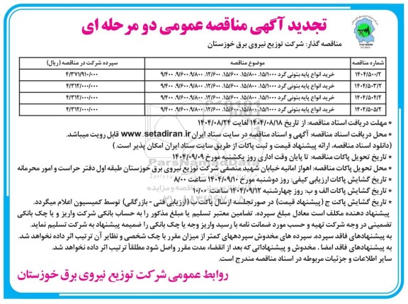 مناقصه خرید انواع پایه بتونی گرد...