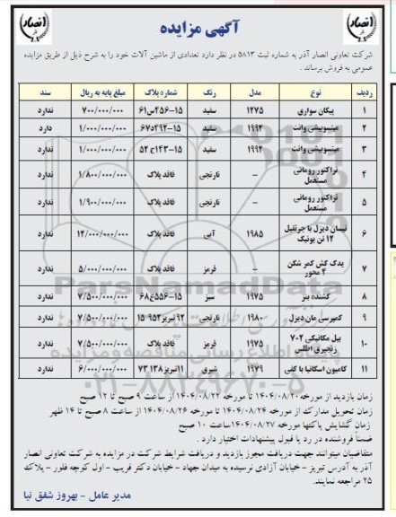 مزایده تعدادی از ماشین آلات 