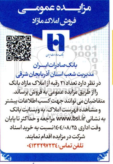 مزایده تعداد 21 رقبه از املاک مازاد بانک