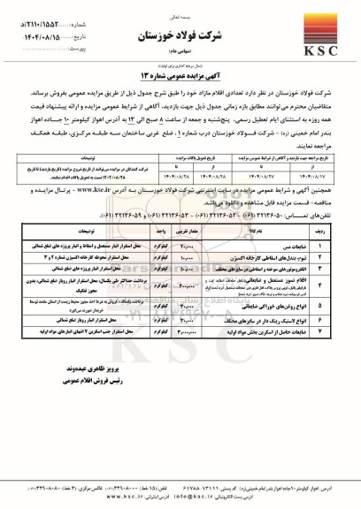 مزایده عمومی فروش تعدادی اقلام مازاد، ضایعات مس  ...