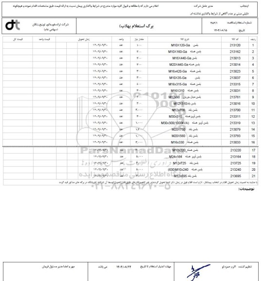 استعلام، مناقصه بلسن M10 * 120 - Ga...