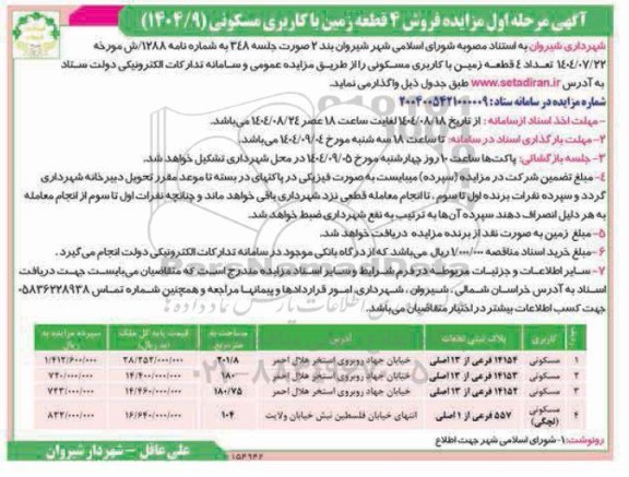 آگهی مرحله اول مزایده فروش 4 قطعه زمین با کاربری مسکونی