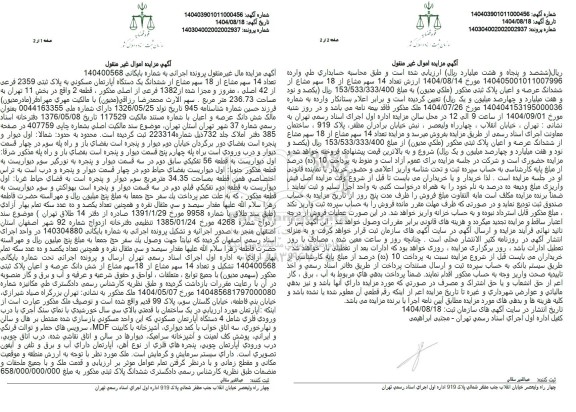 مزایده  تعداد 14 سهم مشاع از 18 سهم مشاع از ششدانگ یک دستگاه آپارتمان مسکونی