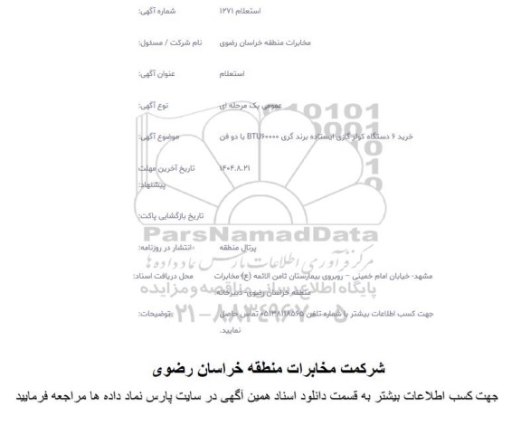 استعلام خرید 6 دستگاه کولر گازی ایستاده برند گری BTI60000 با دو فن 