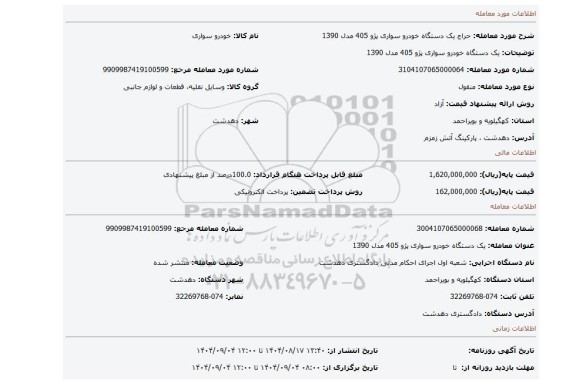 مزایده، یک دستگاه خودرو سواری پژو 405 مدل 1390
