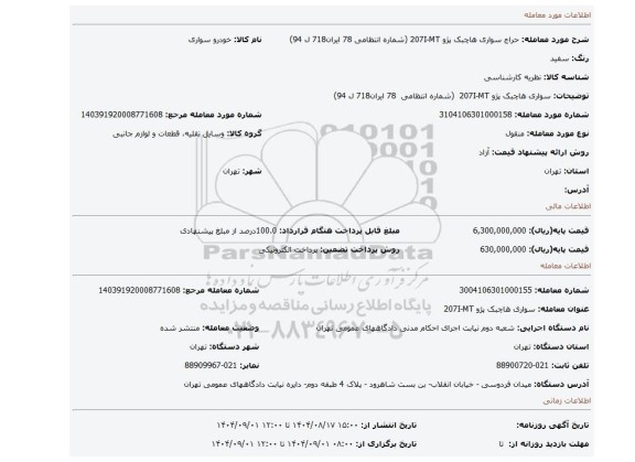مزایده،   سواری هاچبک پژو 207I-MT  (شماره انتظامی  78 ایران718 ل 94)