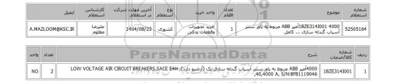 استعلام 1BZE314I001	4000آمپر ABB مربوط به پاور سنتر آسیاب گندله سازی ... کامل
