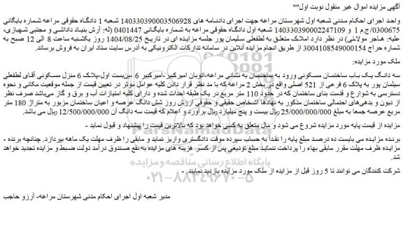 مزایده سه دانگ یک باب ساختمان مسکونی ورود به ساختمان