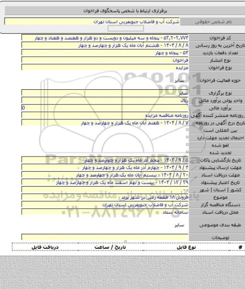 مزایده, فروش ۱۸ قطعه زمین در شهر پرند