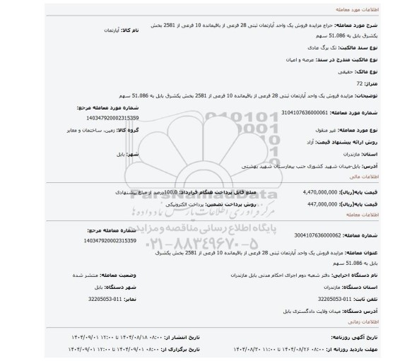 مزایده، مزایده فروش یک واحد آپارتمان ثبتی 28 فرعی از باقیمانده 10 فرعی از 2581 بخش یکشرق بابل به 51.086 سهم