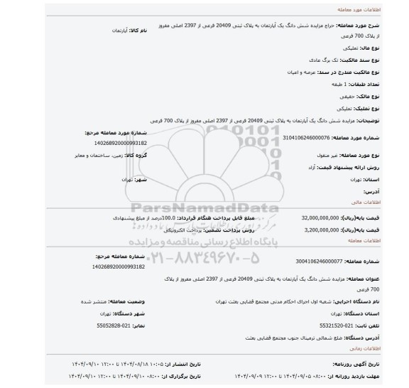 مزایده، مزایده   شش دانگ   یک آپارتمان  به پلاک ثبتی  20409 فرعی از 2397 اصلی  مفروز از پلاک 700 فرعی