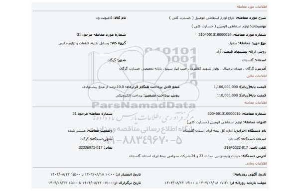 مزایده، لوازم اسقاطی اتومبیل ( خسارت کلی )