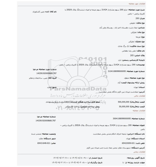 مزایده، 200 سهم مشاع از 31424 سهم عرصه و اعیان ششدانگ پلاک 205/6 با کاربری زراعی – باغی