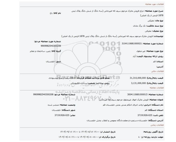مزایده، فروش ماترک مرحوم سیف اله امیرجانی (سه دانگ از شش دانگ پلاک ثبتی 1878 فرعی از یک اصلی)