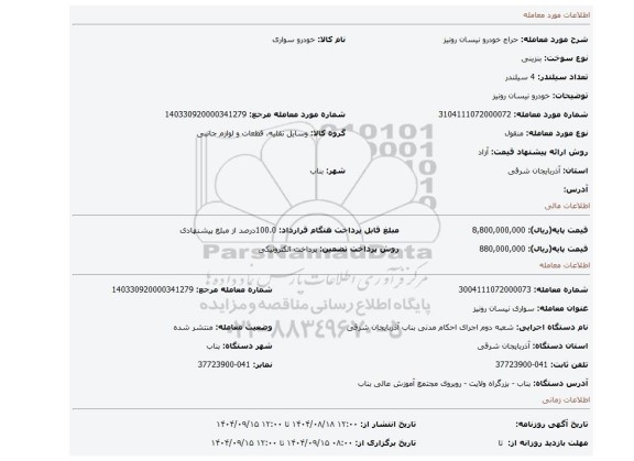 مزایده، خودرو نیسان رونیز