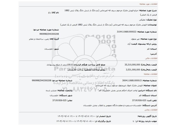 مزایده، فروش ماترک مرحوم سیف اله امیرجانی (دو دانگ از شش دانگ پلاک ثبتی 1882 فرعی از یک اصلی)