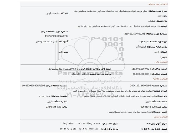 مزایده، مزایده اموال غیرمنقول-یک باب ساختمان مسکونی سه طبقه مسکونی روی پیلوت الوند