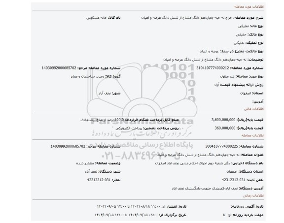 مزایده، نه حبه-چهاردهم دانگ مشاع از شش دانگ عرصه و اعیان