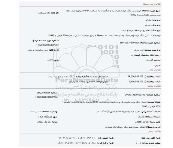 مزایده،  شش دانگ عرصه واعیان یک واحدآپارتمان به مساحت 98/44 مترمربع دارای پلاک ثبتی شماره 5600 فرعی از 3996
