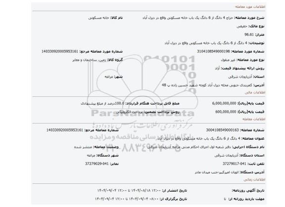 مزایده، 4 دانگ از 6 دانگ یک باب خانه مسکونی واقع در دیزل آباد