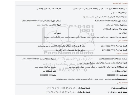 مزایده، پلاک 1 فرعی از 3403 اصلی بخش 2شهرستان یزد
