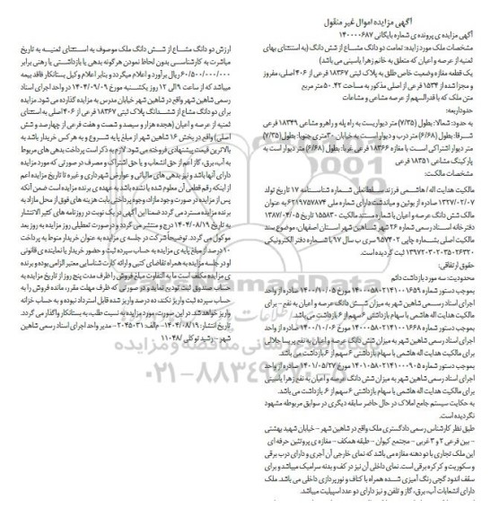  مزایده تمامت دو دانگ مشاع از شش دانگ به پلاک ثبتی 18367 فرعی از 406 اصلی
