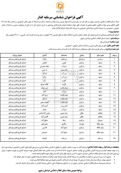 آگهی فراخوان شناسایی سرمایه گذار جهت عملیات اجرای طرح هادی روستایی 