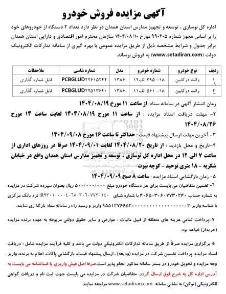 مزایده تعداد 2 دستگاه از خودروهای...