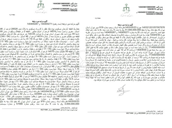 مزایده مقدار یک قطعه آپارتمان مسکونی نوع ملک طلق با کاربری مسکونی به پلاک ثبتی 28528 فرعی از 46 اصلی