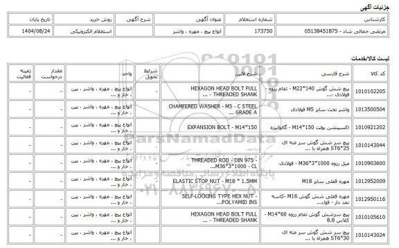 استعلام الکترونیکی، انواع پیچ ، مهره ، واشر
