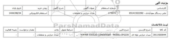 استعلام الکترونیکی، مبدل حرارتی و متعلقات