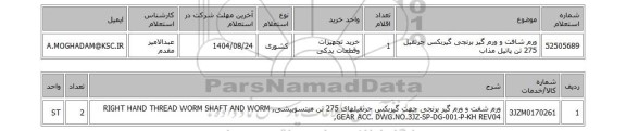 استعلام ورم شافت و ورم گیر برنجی گیربکس جرثقیل 275 تن پاتیل مذاب