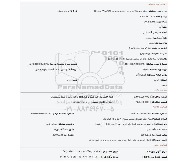 مزایده، سه دانگ خودروی سمند بشماره 337 ن  55 ایران 20