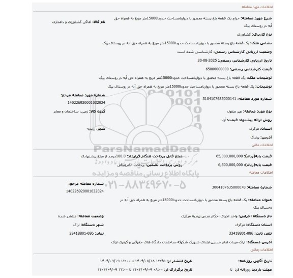 مزایده، یک قطعه باغ پسته محصور با دیواربامساحت حدودا15000متر مربع به همراه حق آبه در روستای پیک
