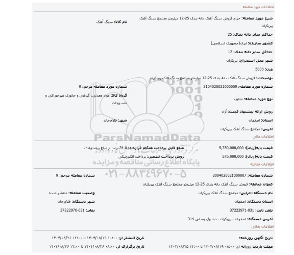 مزایده، فروش سنگ آهک دانه بندی 25-12 میلیمتر مجتمع سنگ آهک پیربکران