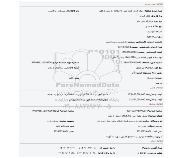 مزایده، فروش قطعه زمین   1140/6270  بخش  3  اهواز