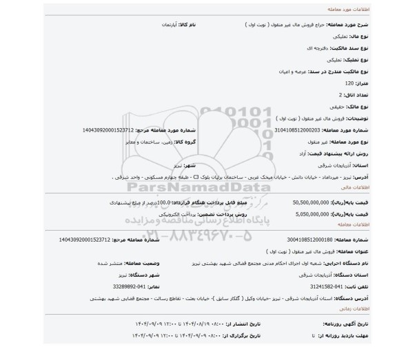 مزایده، فروش مال غیر منقول ( نوبت اول )