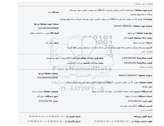 مزایده، مقدار 21 من محلی باغ برابر با 2362.5 متر مربع در اراضی جنوب روستای نصرآباد و چاه موتور بهادری