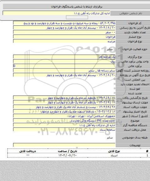 مزایده, اجاره تعداد ۴۹۲ دستگاه واگن مخزندار