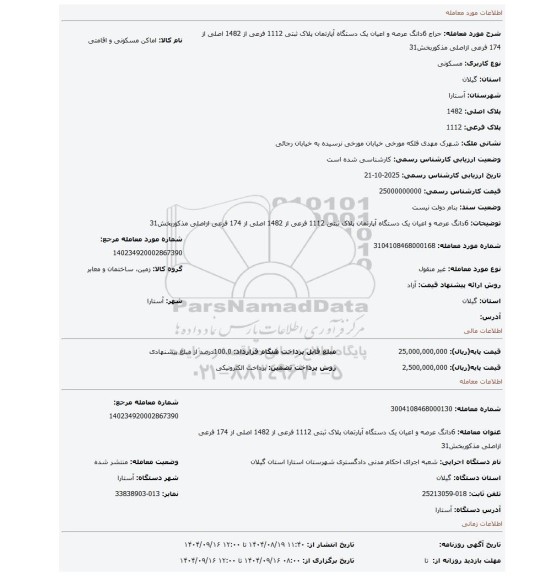 مزایده، 6دانگ عرصه و اعیان یک دستگاه آپارتمان پلاک ثبتی 1112 فرعی از 1482 اصلی از 174 فرعی ازاصلی مذکوربخش31
