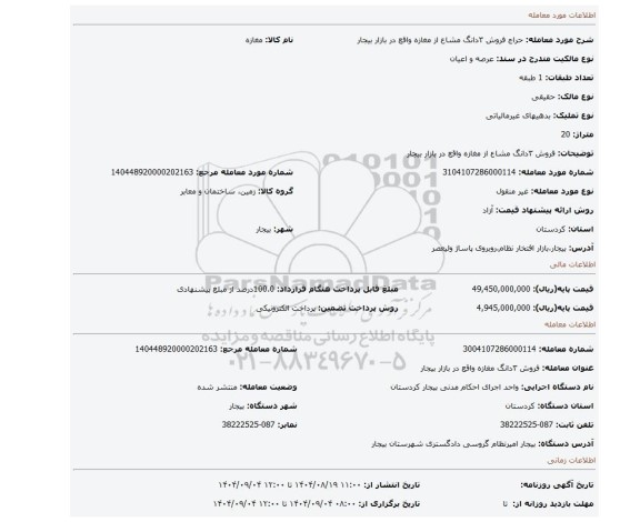 مزایده، فروش ۳دانگ مشاع از مغازه واقع در بازار بیجار