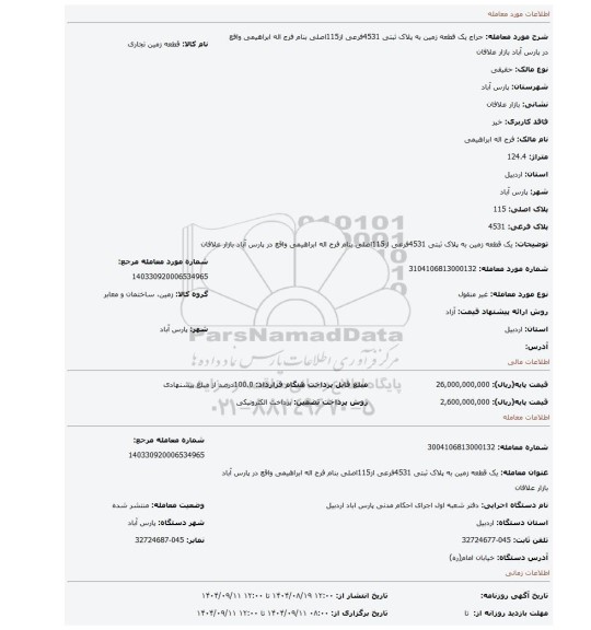 مزایده، یک قطعه زمین به پلاک ثبتی 4531فرعی از115اصلی بنام فرج اله ابراهیمی واقع در پارس آباد بازار علافان
